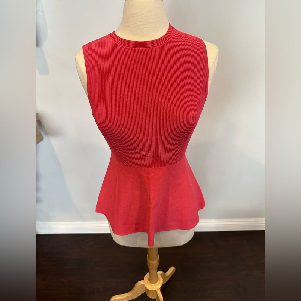 Theory Textured Ribbed Gloss Shell Peplum Women's Sleeveless Top Blouse pink